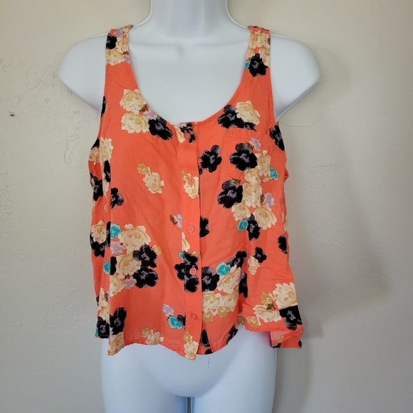 Kirra Medium Tank Top Cropped Orange Floral Button Front Blouse Shirt - Picture 1 of 8
